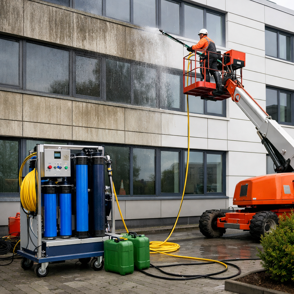 Eine Fassadenreinigung auf der ein Osmosegert und eine Hebebhne zusehen ist