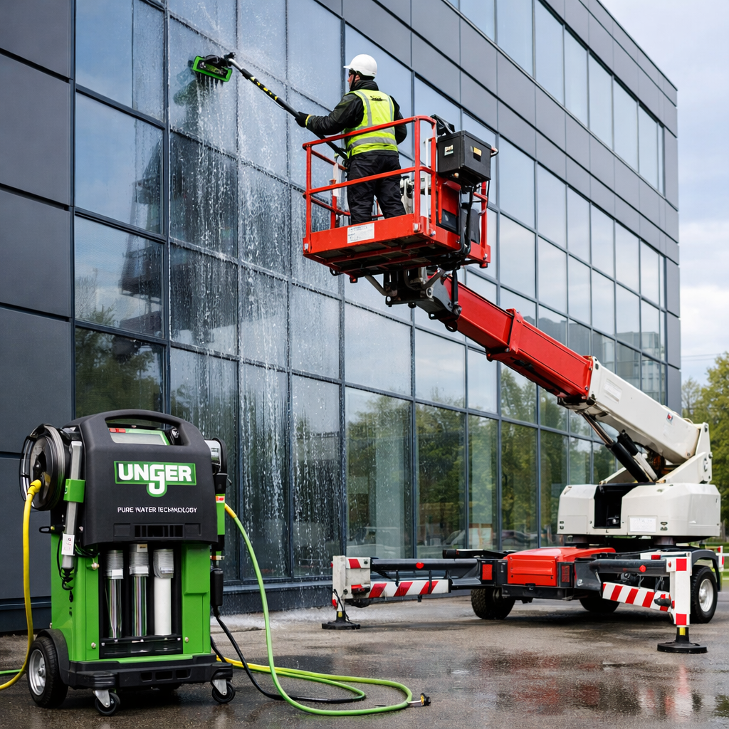 Fassadenreinigung mit einem Unger Osmosegrt Darauf sollte eine Hebebhne zusehen sein-1