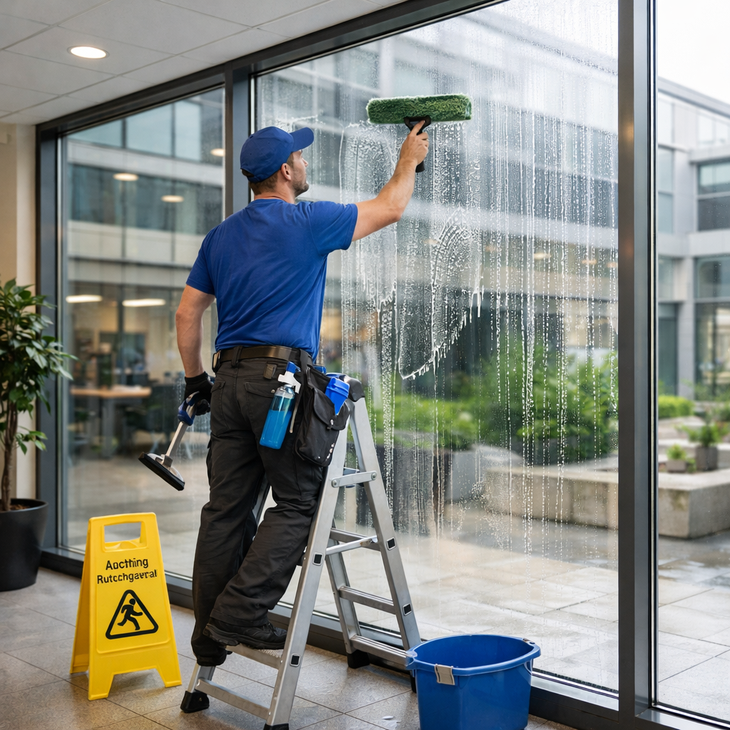 Fensterreinigung in einer Gewerbeimmobilie von innen-1
