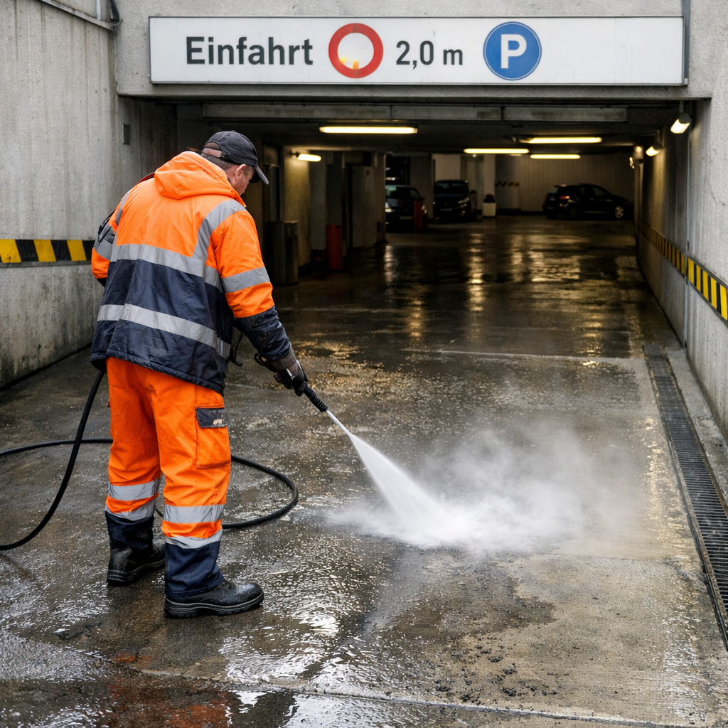 Hochdruckreinigung einer Tiefgarageneinfahrt