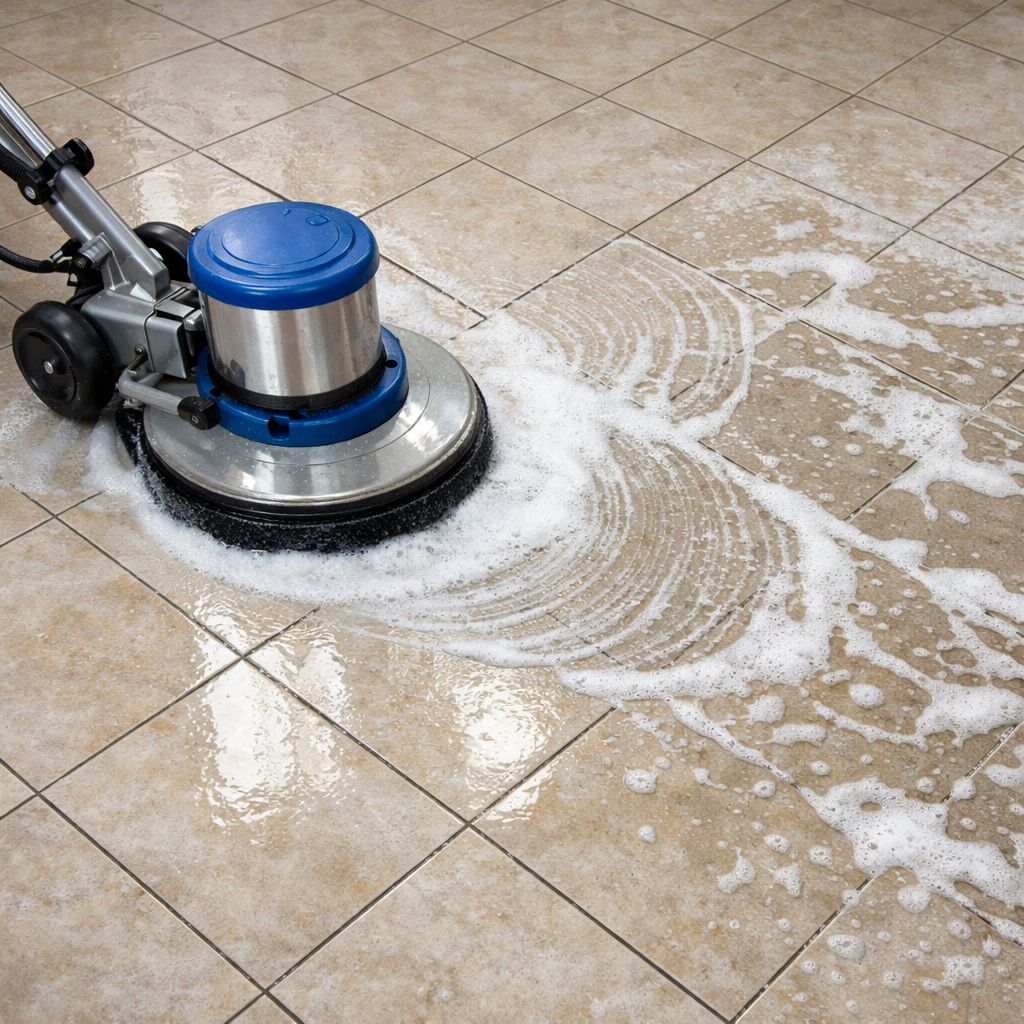 Keramikboden der mit einer Einscheibemaschine gereinigt wird