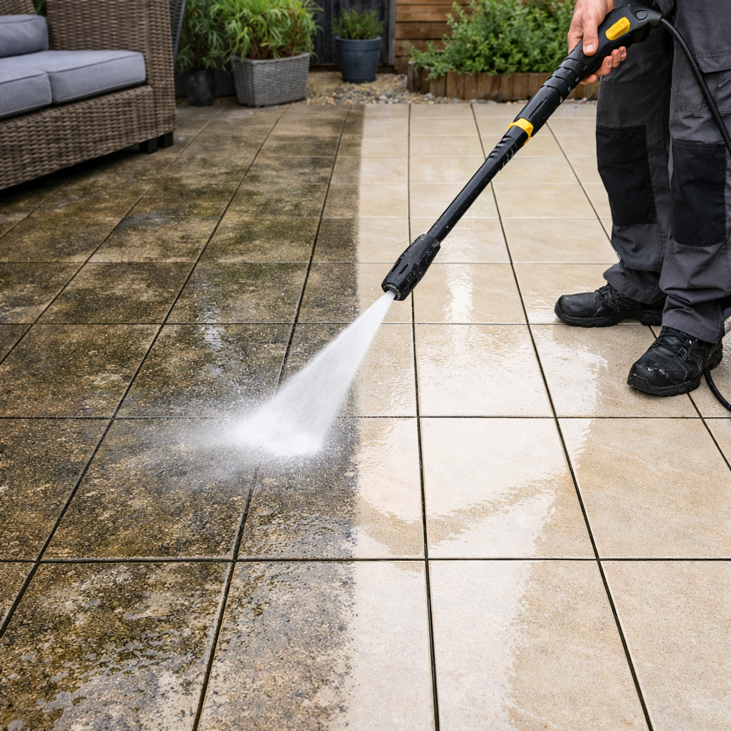 Reinigung einer Terrasse mit Kreamikplatten mit einem Hochdruckreiniger Darauf sollte zusehen sein dass ein Teil bereits gereinigt wurde und der ander Reinigung einer Terrasse mit Kreamikplatten mit einem Hochdruckreiniger Darauf sollte zusehen sein dass ein Teil bereits gereinigt wurde und der ander